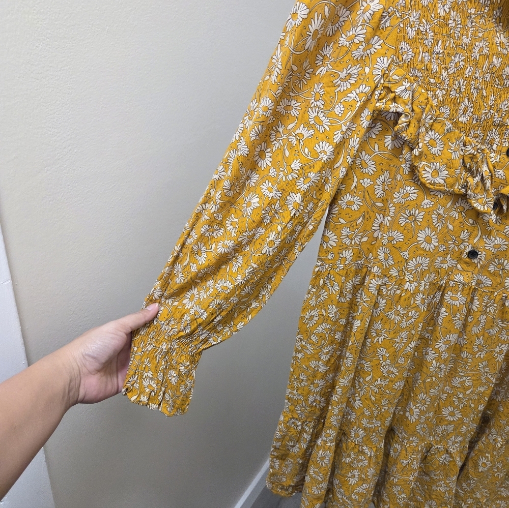 Zara Mustard Yellow Floral Ruffle Dress Boho Prairie Smocked Button Front - Picture 4 of 12